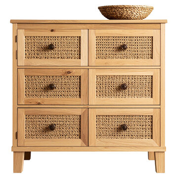 Boho-Kommode aus hellem Naturholz mit geflochtenen Rattanfronten, freigestelltes PNG-Element