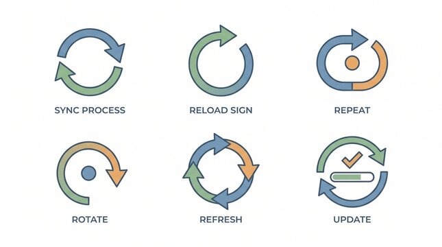 Cycle icons illustrating sync, reload, repeat, rotate, refresh, and update processes with colorful arrows symbolizing digital renewal and continuity.