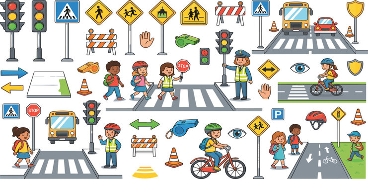 Children traffic road safety rules vector set with crosswalk school bus police officer and signs