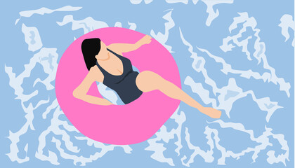 海で浮き輪で遊ぶ女性のイラスト © くろねこ