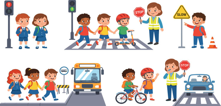 Children traffic road safety vector rules set with crosswalk school bus bicycle and crossing guard