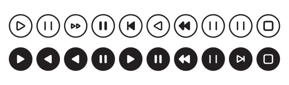 Set of round and filled icons for media player controls play pause skip stop rewind fast forward.