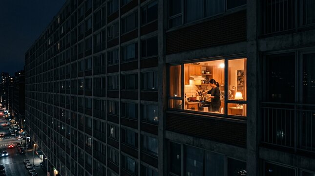 Glowing apartment window in dark city residential building at night
