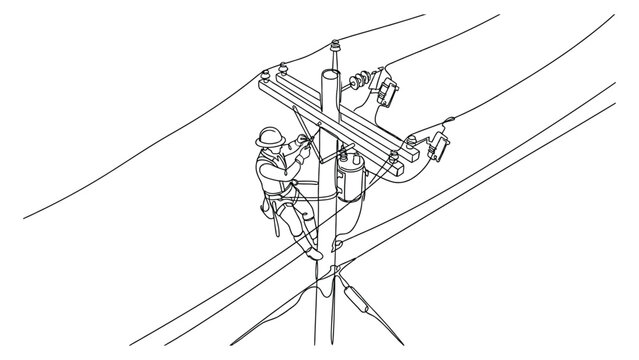 Two workers installing power lines on tower.