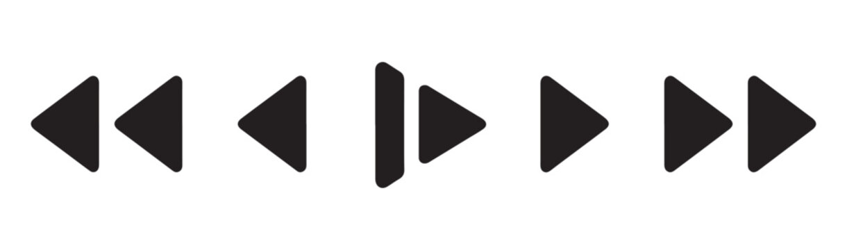 Media player control buttons play pause skip stop rewind fast forward vector icons.