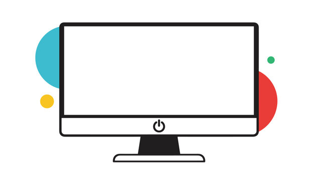Minimalist black and white outline drawing of a modern computer monitor with an on/off button, set against abstract colorful organic shapes, ideal for tech designs.