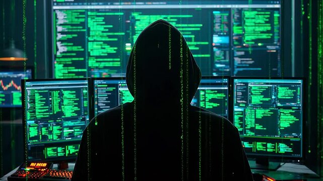 Hacker in front of computer screens