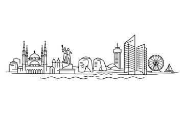 Obraz premium Beirut skyline with line art style vector illustratio featuring the modern citylandmarks and architectura design in a clean one lin drawing icon for travel ad tourism marketing.