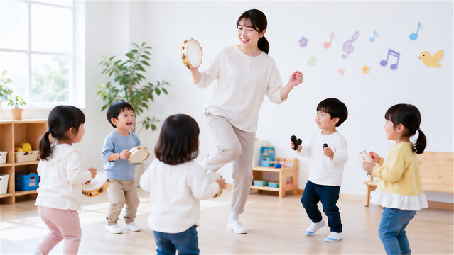 明るい教室で音楽に合わせて楽しむ子どもたちのリトミックレッスン