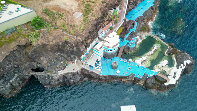 Doca do Cavacas aerial drone view of natural pools and cliffs in Madeira Portugal