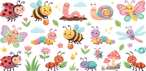 Cute cartoon insects and garden bugs vector collection with butterfly bee snail and ladybug © MST HASMOTARA