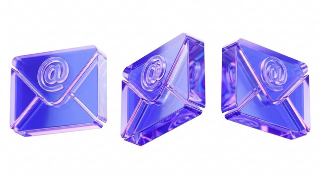 Three abstract glass envelopes with the @ symbol illuminated in purple. The envelopes are displayed from different angles, suggesting digital communication and connectivity
