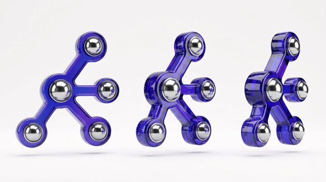 Three abstract blue fidget spinner toys arranged in a row on a white background