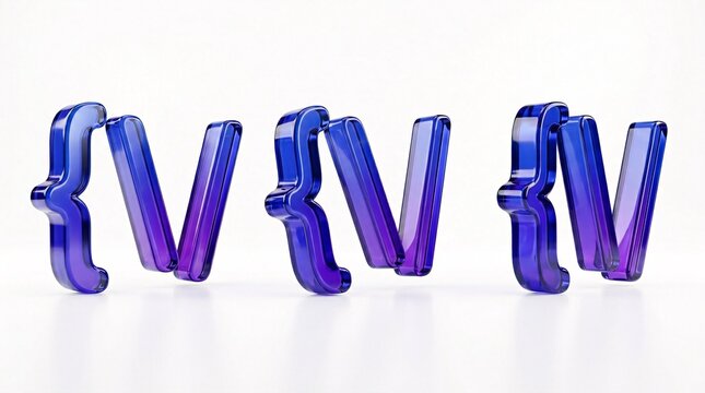 A 3D rendering of three sets of curly braces and parentheses in a gradient of blue and purple, arranged in a sequence with a reflective surface below