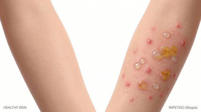 Stages of impetigo bacterial skin infection with blisters and crusts on arm