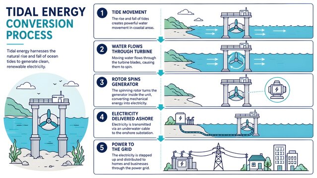 Infographic showing the tidal energy conversion process from ocean movement to power grid.