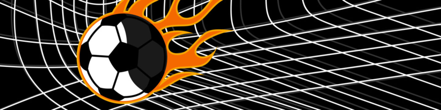 Flaming Soccer Ball Vector Banner on Grid Background. Creative sport concept. Art vector graphic for brochures, flyers, presentations, logo, print, web