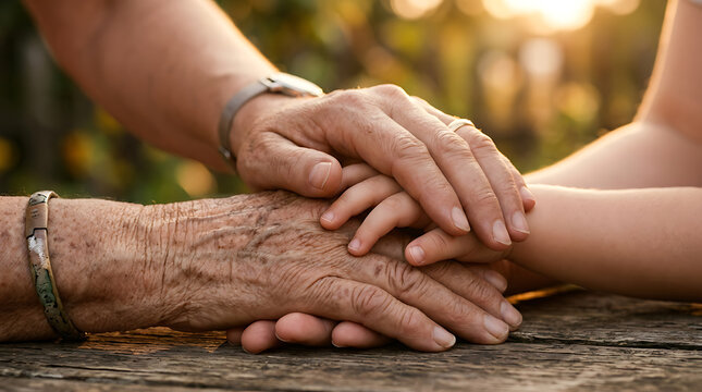 Three generations of hands intertwined, symbolizing love, care, and the enduring bond of family. A tender moment reflecting intergenerational support and connection, bathed in warm, natural light