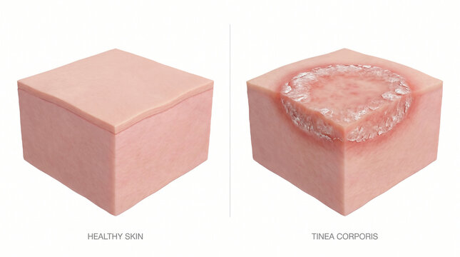 Cross section of healthy skin vs tinea corporis fungal ringworm infection