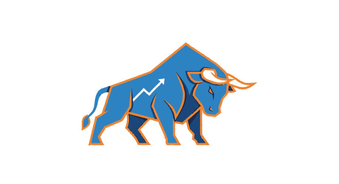 Charging blue bull mascot with financial growth line.