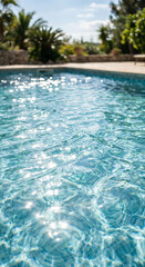 Fototapeta premium Vertical pool water background with blue shimmering surface, sunlight reflections and soft garden edge above the swimming pool