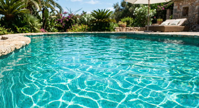 Outdoor pool water background with wide turquoise surface, stone coping, garden plants and bright sun reflections across the water