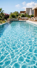 Fototapeta premium Vertical pool water background with turquoise ripples, pale stone border, garden plants and bright outdoor sunlight around the pool
