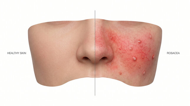 Close up of healthy facial skin compared to rosacea with redness and couperose