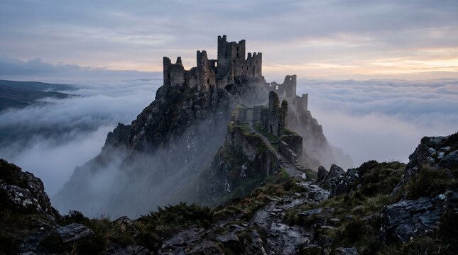 Ancient ruined castle sits atop a rugged mountain peak shrouded in mist