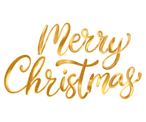 Fototapeta premium Golden cursive text reading 'Merry Christmas' on a white background, with a festive and joyful mood.