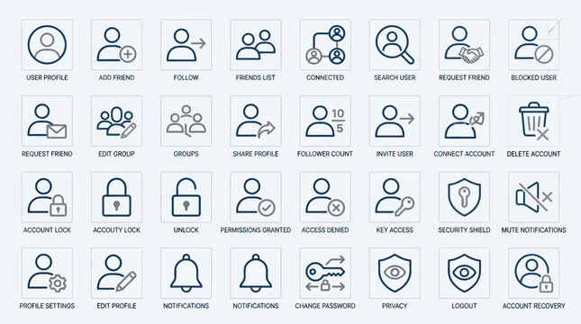 User Interface Icons Representing Account Management and Security Features.