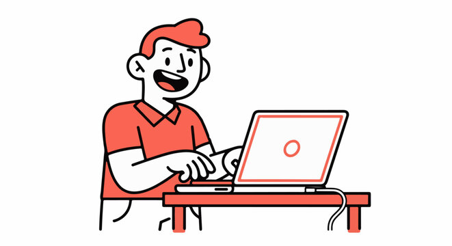 Happy cartoon man working on laptop computer indoors.