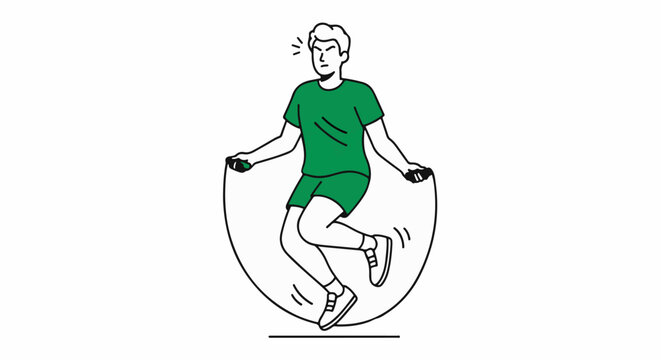 Happy man jumping with play rope exercise indoors.