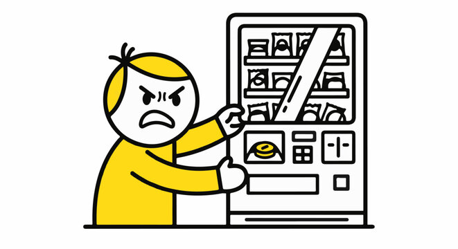 Frustrated cartoon character using vending machine.
