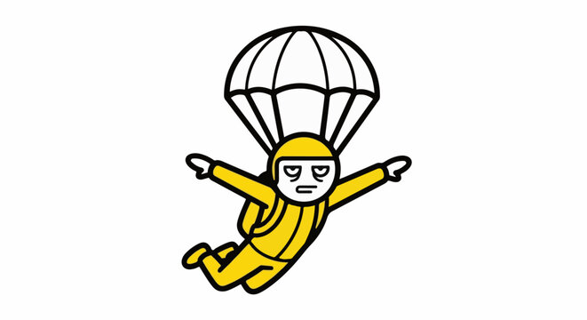 Illustrated character skydiving with yellow parachute joyfully.