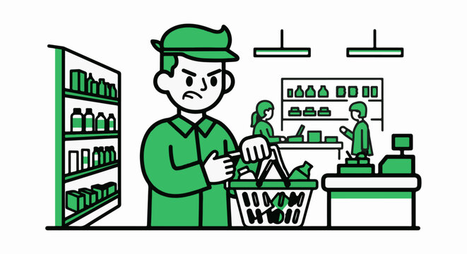 Frustrated grocery shopper holding shopping basket indoors.