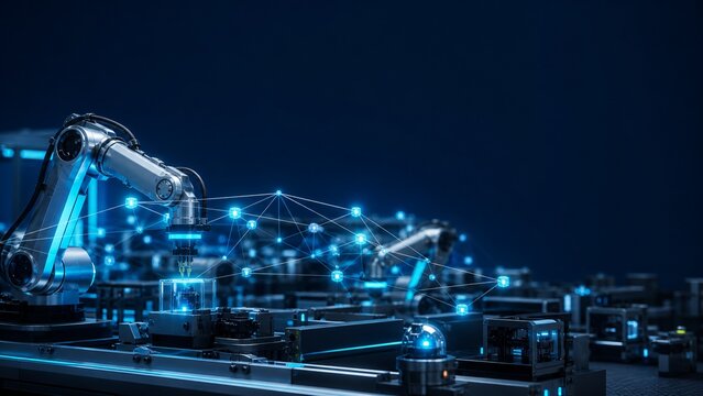 Modern Smart Factory with Robotic Arm and Glowing Edge Computing Network on Dark Blue Background Ideal for Industrial Technology and B2B Marketing