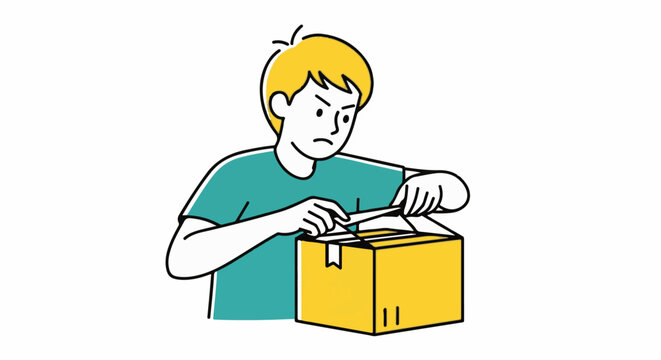 Young man carefully opening a cardboard box with scissors.