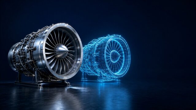 Digital twin of jet engine with glowing wireframe replica