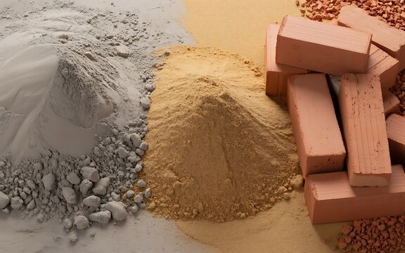 Building materials showcase cement powder yellow construction sand red clay bricks photo
