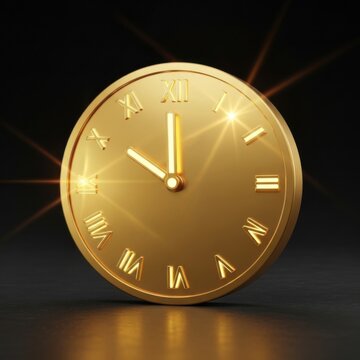 gold clock with roman numerals on black background