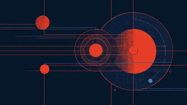 Minimalist abstract digital art background with geometric orange circles and intersecting lines on a dark blue canvas creating a modern technology concept map diagram or network illustration