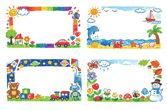 Colorful Kindergarten Crayon Frame with Handdrawn Doodle Border Vector Illustration Set for Cute Childish Backgrounds Educational School Posters Creative Art Projects and Kids Activity Worksheets