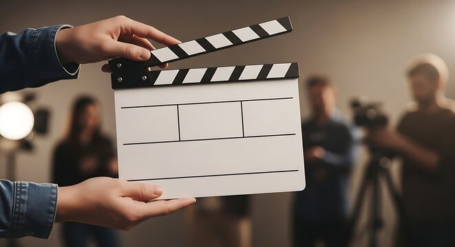 Close-up of hands holding a clapperboard on a movie set, signaling the start of a film production shoot with a blurred crew and studio lights in the background