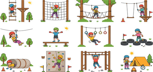 Kids active outdoor adventure park obstacle course with climbing wall zipline and camping vector set