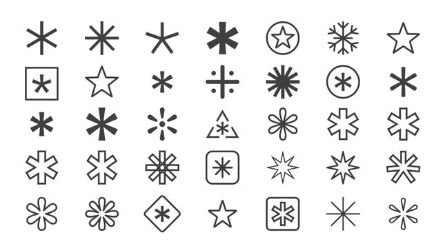 Set of various asterisk and star shape icons and symbols for design