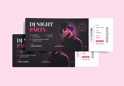 DJ Night Party Ticket Template with Neon Glow
