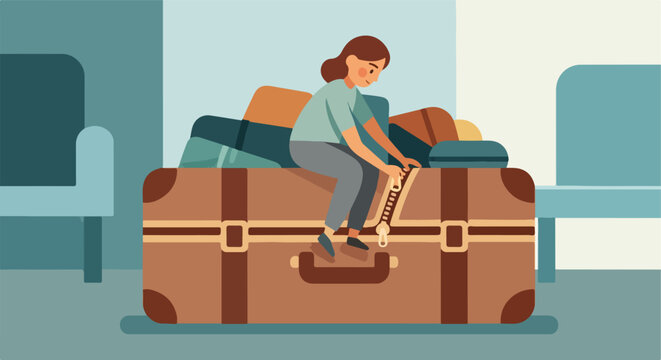 Woman zips up a large suitcase, full of clothes, ready for departure