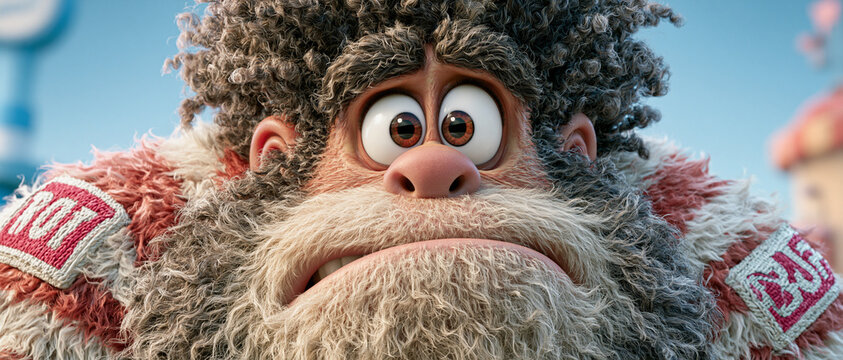 Realistic 3D cartoon character with curly dark hair, full beard, large expressive eyes, exaggerated facial features