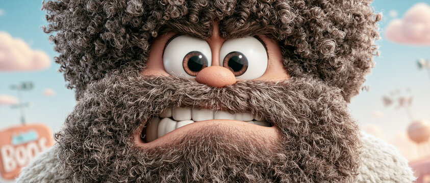 Realistic 3D cartoon character with curly dark hair, full beard, large expressive eyes, exaggerated facial features